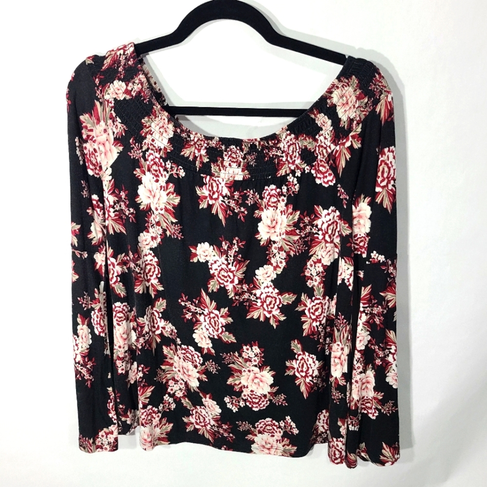 Ultra Flirt Women's Size Large Black Floral Blouse Off Shoulder Long Sleeve
